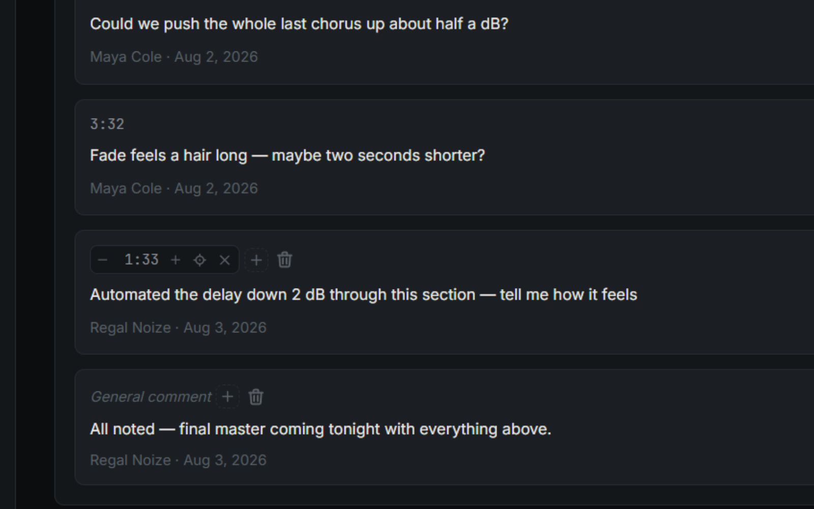 Waveform view with timestamped client comment pins