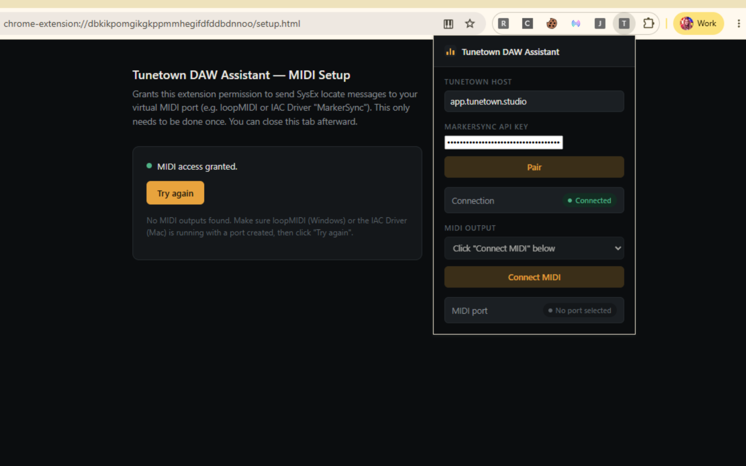 Tunetown DAW Assistant browser extension paired with app.tunetown.studio and connected for MIDI marker sync