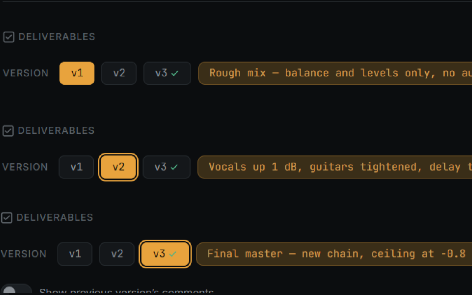 Version history list showing multiple track revisions with per-version notes