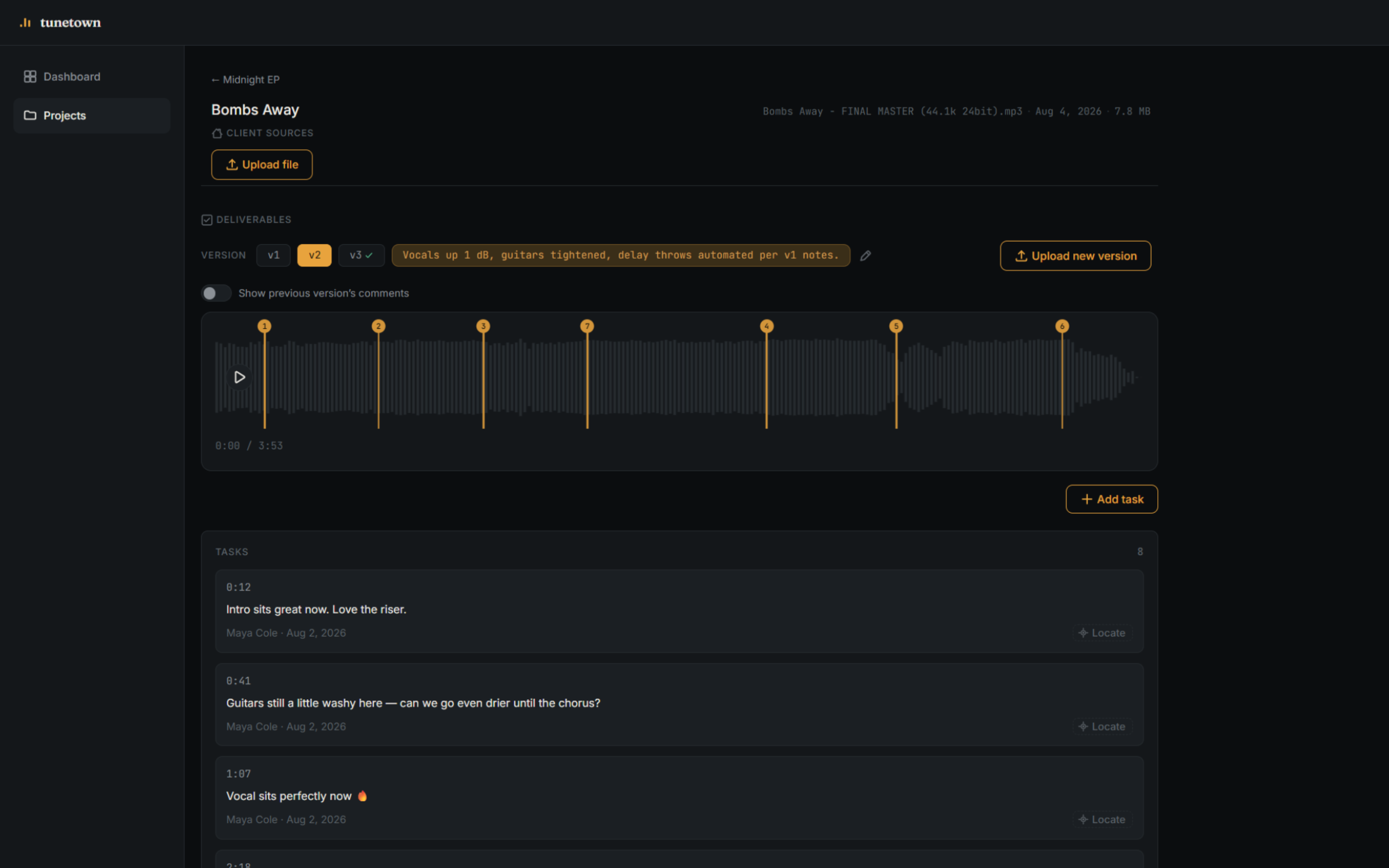 Tunetown track detail screen showing a waveform with timestamped client comments and version tabs